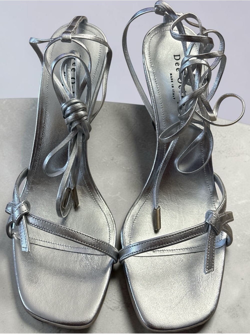 Dee Ocleppo silver leather strappy tie-up sandals made in Italy